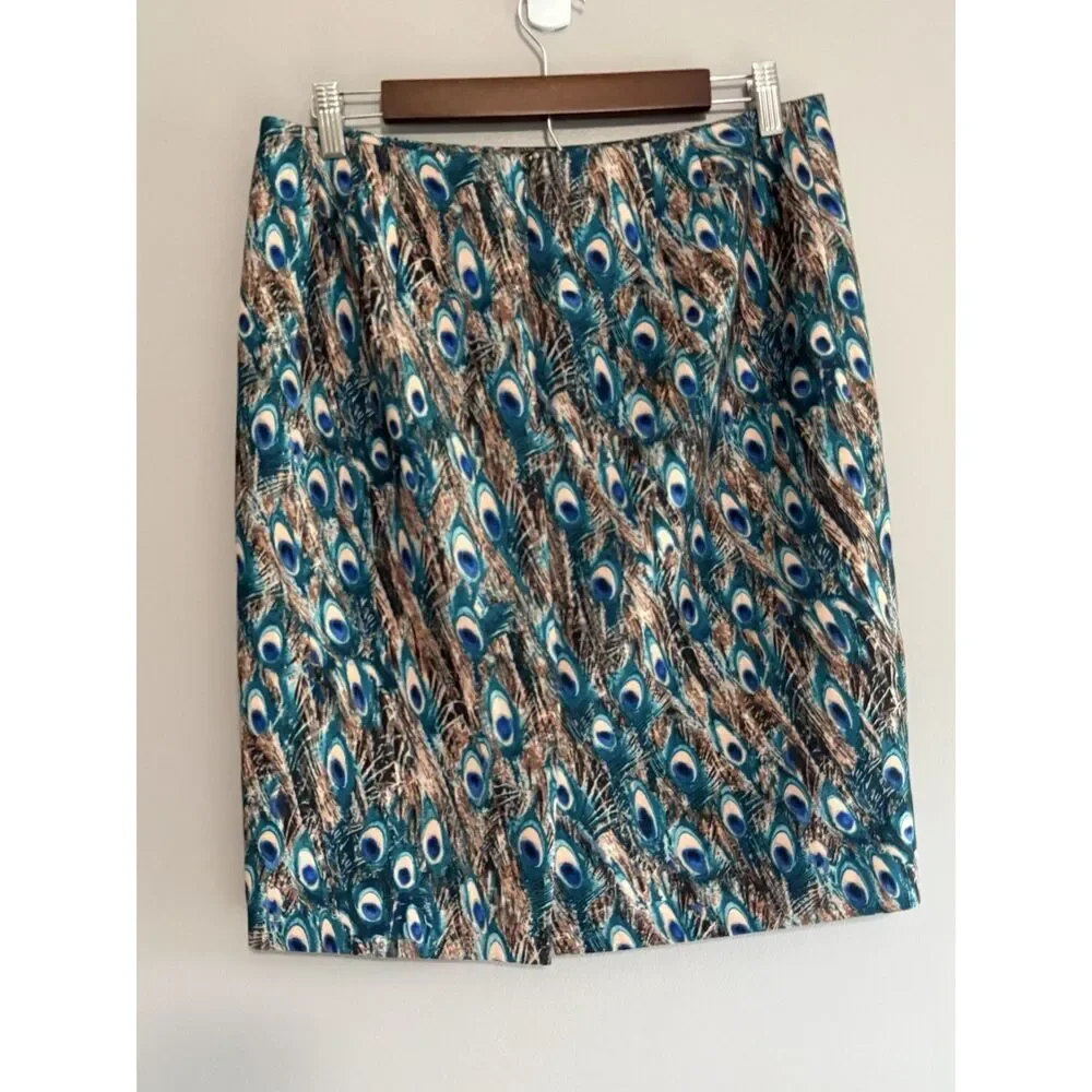 Talbots Peacock Feathers Print Pencil Skirt Stretch Knit 10 Petite Office Work